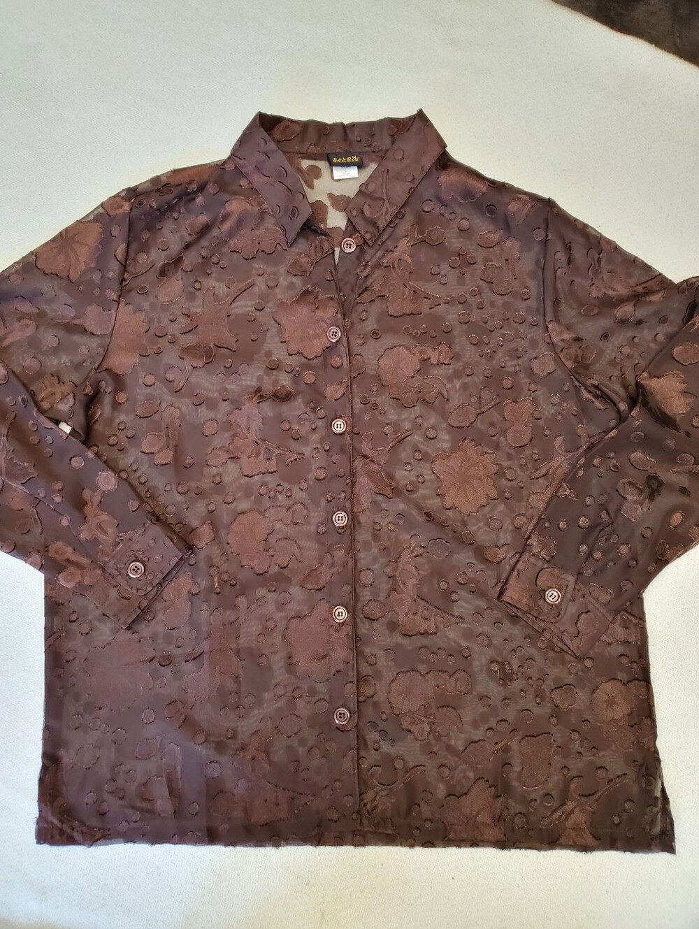 Salon Studio Sheer Brown Floral Jacquard Button Up Blouse Women's L Y2K Mesh Top